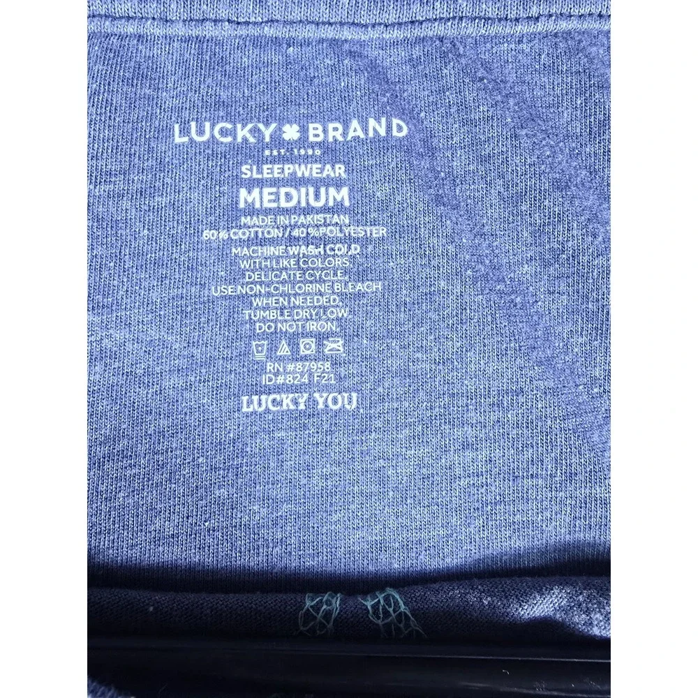 Lucky Brand Shirt Mens Medium Blue Sleepwear Long Sleeve Embroidered Patch Flaw